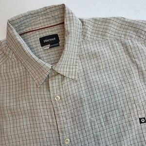 Marmot Mens 2XL Short Sleeve Button Up Shirt‎ Brown Plaid Hiking Casual
